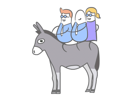 Drei Menschen auf einem Esel